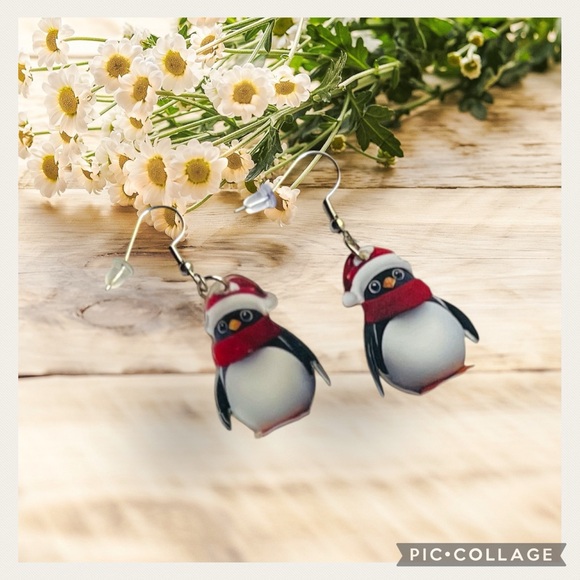 NEW Red & Black, White Holiday Penguin Earrings - Picture 2 of 5